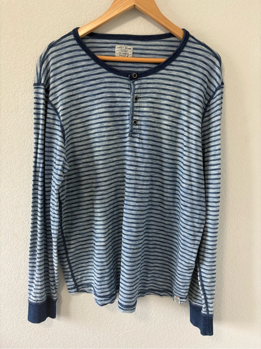 Lucky Brand XL Blue Striped Henley Long Sleeve Shirt 100% Cotton Casual